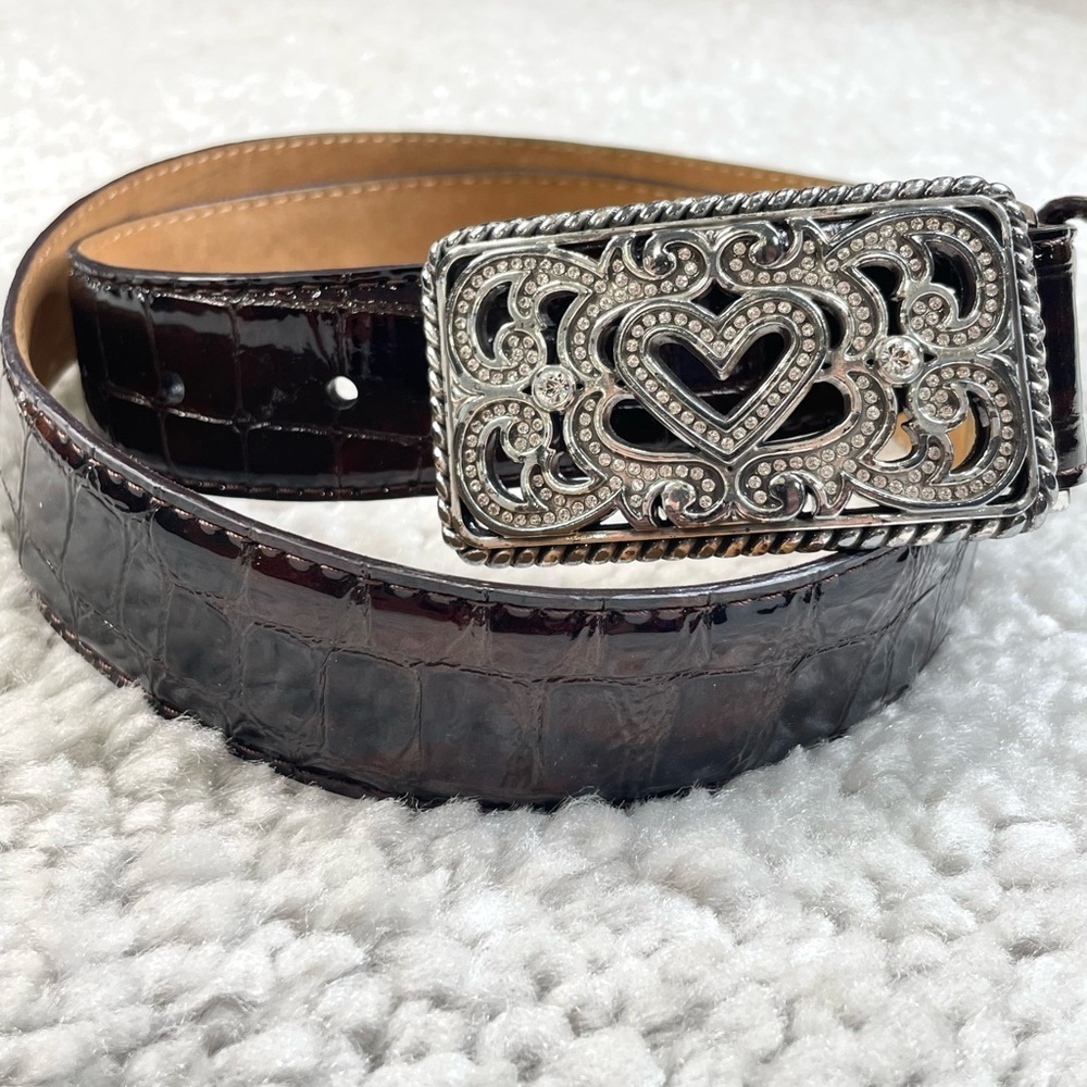 Brighton Croc Embossed Mahogany Brown Belt. Heart Stone Buckle size L 34